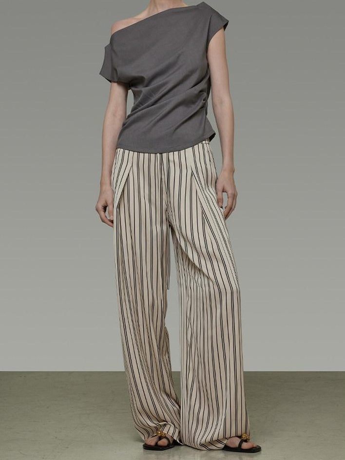 unspoken Minimalist High Waist Elastic Office Loose Striped Polyester Wide Leg Pants