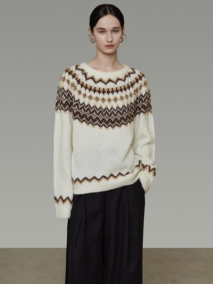 unspoken Warm Colorblock Commuter Loose Fit Crew Neck Pullover Knitwear Beige Sweaters