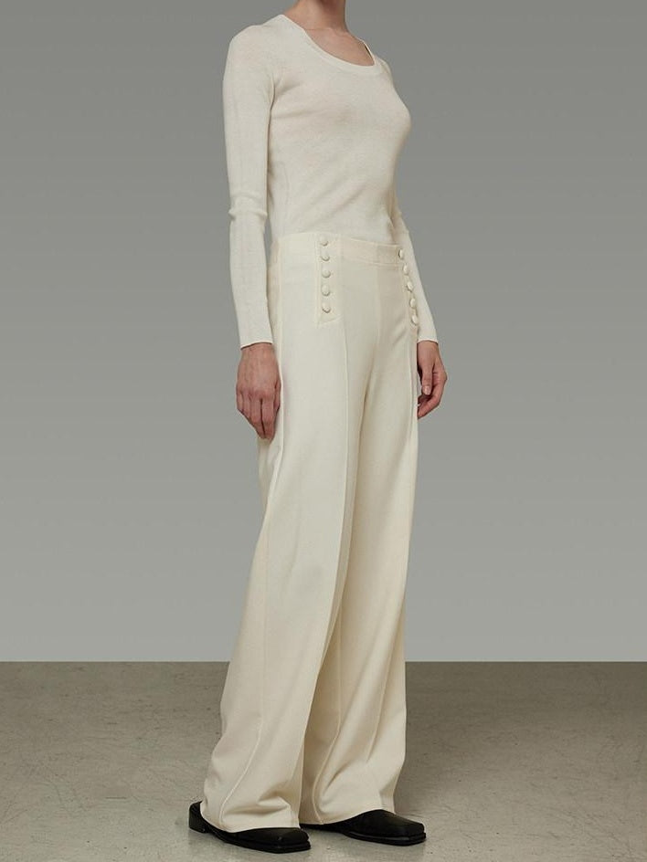 unspoken Breathable High Waist Button Detail Minimal Womens Office White Wide Leg Pants