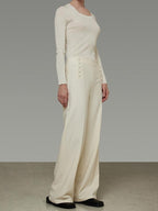 unspoken Breathable High Waist Button Detail Minimal Womens Office White Wide Leg Pants
