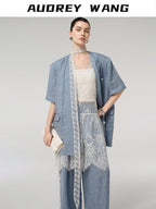 audreyyang Pure Linen Lightweight Relaxed Fit Lace Detail Commuter Women Wide Leg Pants