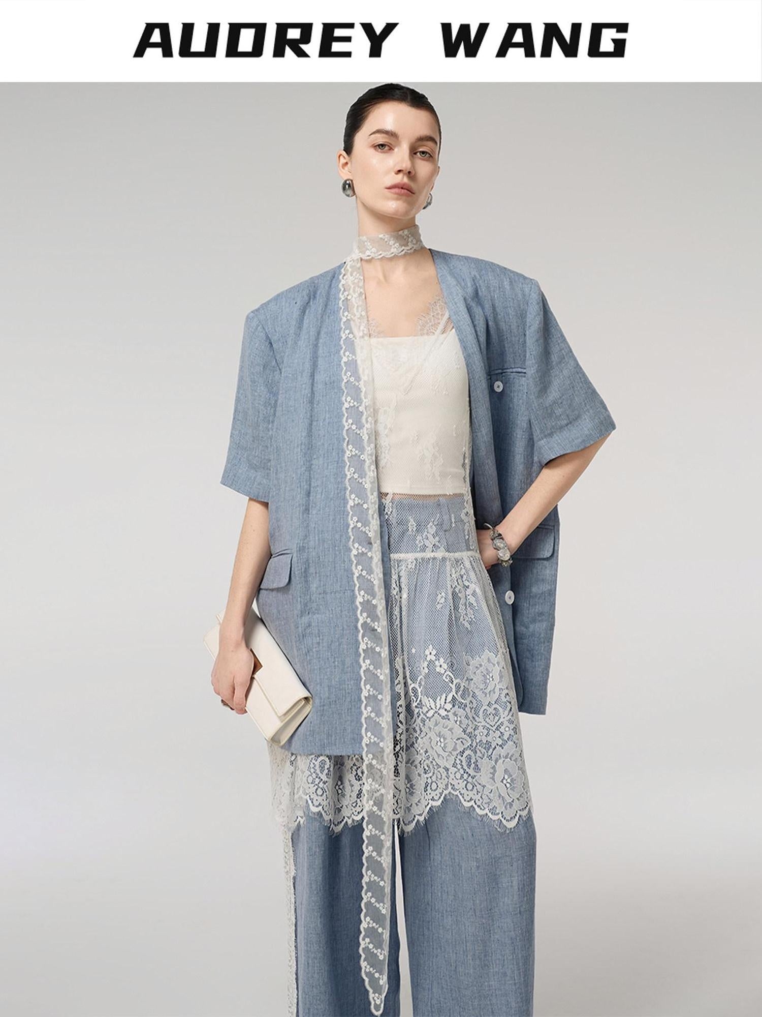 audreyyang Pure Linen Lightweight Relaxed Fit Lace Detail Commuter Women Wide Leg Pants