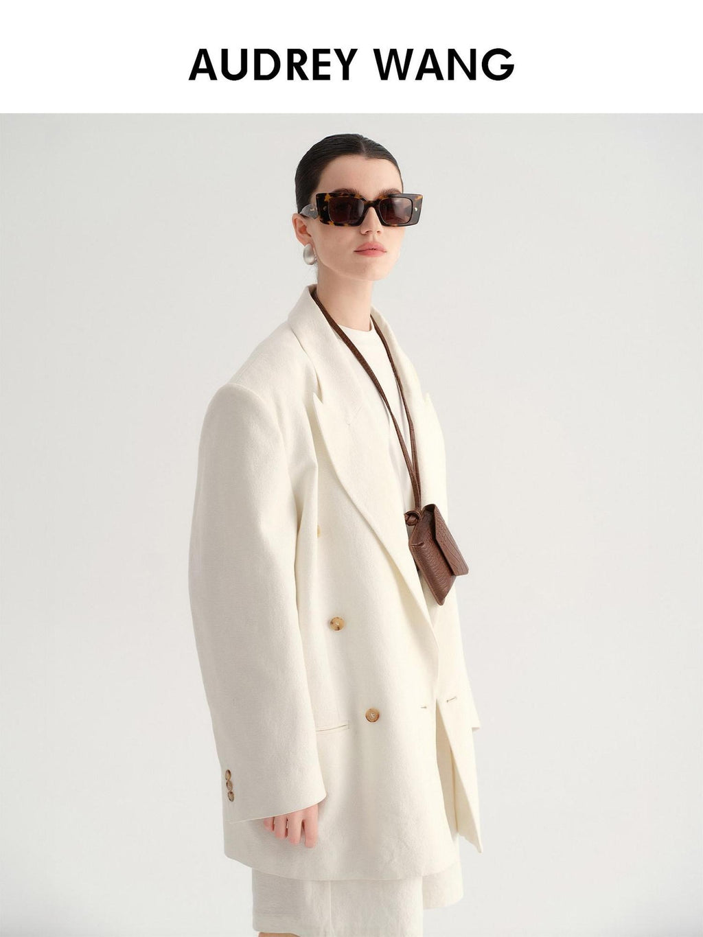 audreyyang Minimal Double Breasted Notch Lapel Midlength Loose Fit Women White Blazers