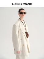 audreyyang Minimal Double Breasted Notch Lapel Midlength Loose Fit Women White Blazers