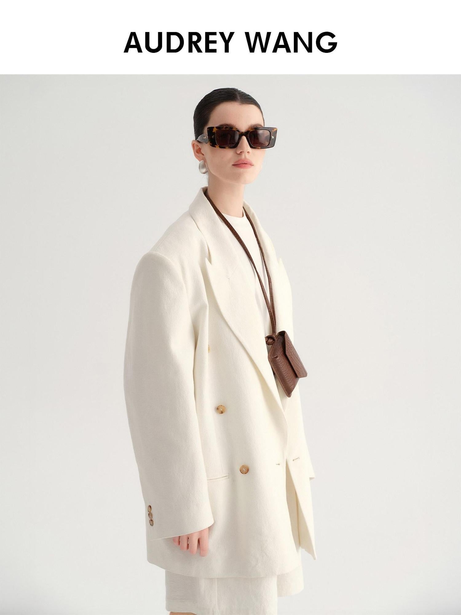 audreyyang Minimal Double Breasted Notch Lapel Midlength Loose Fit Women White Blazers