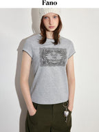 fano Lyocell Blend Heather Gray Printed Slim Korean Crewneck Short Sleeve T-Shirts