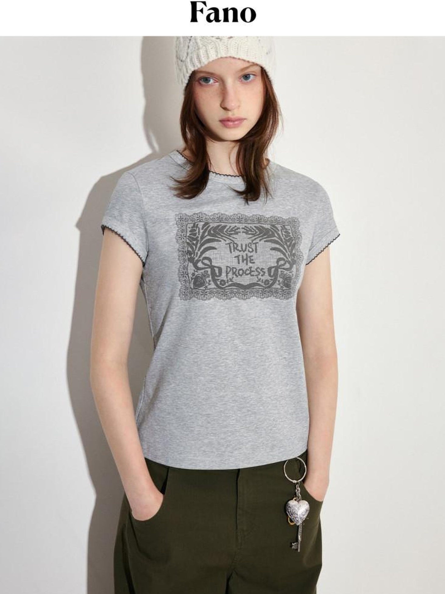 fano Lyocell Blend Heather Gray Printed Slim Korean Crewneck Short Sleeve T-Shirts