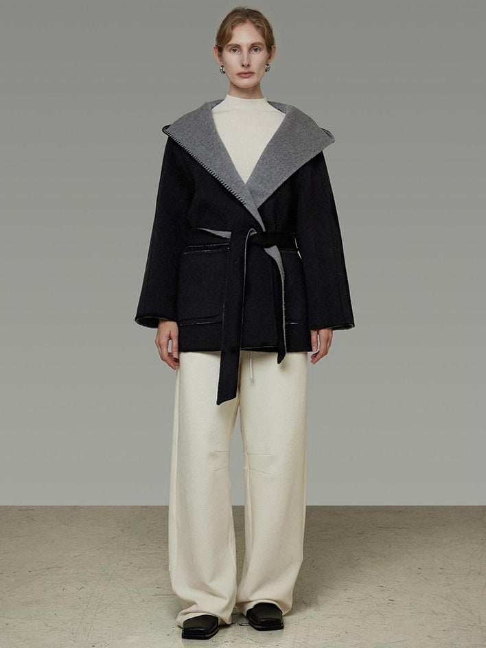 unspoken Minimal Commute Relaxed Fit Hooded Tie Waist Sculpted Cut Black Gray Wool Coats