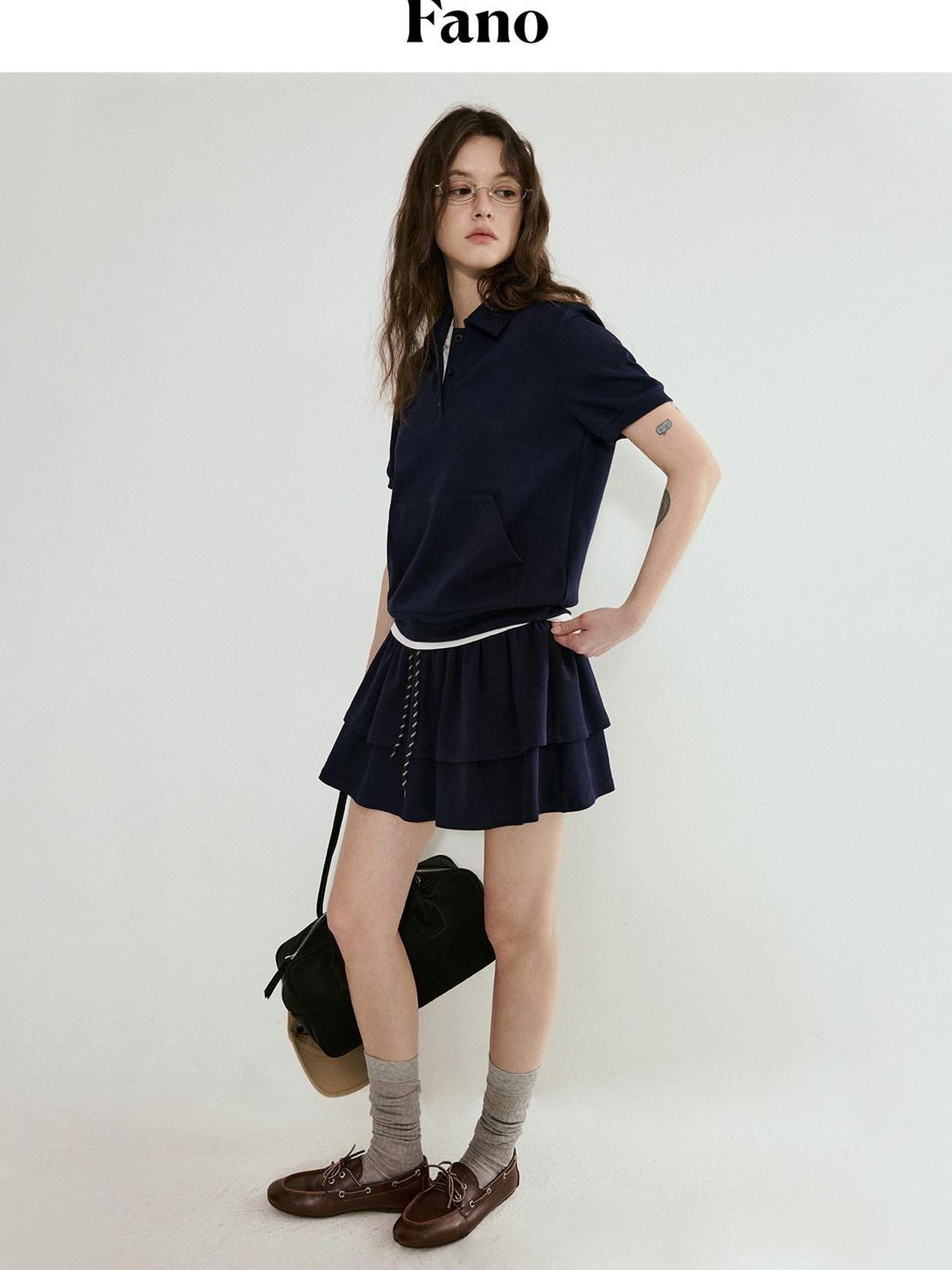 fano Navy Polo Short Sleeve Two Piece Pullover Mini Skirt For Women Top & Skirt Sets