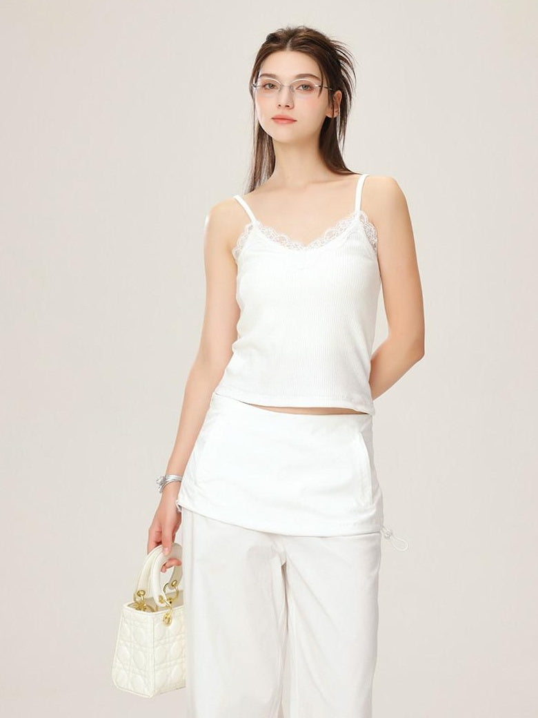 Lace V-neck Slim Fit Slight Stretch Daily Wear Women White Short Thin Camisoles