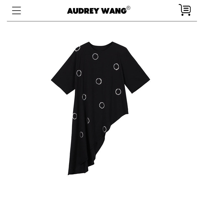 audreyyang_Rhinestone_Minimal_Asymmetric_Loose_Fit_Cotton_Midlength_Short_Sleeve_T-Shirts_MISSTT