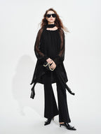 audreyyang Beaded Silk Elegant Loose Lantern Sleeve Tie Neck Black Midi Dresses