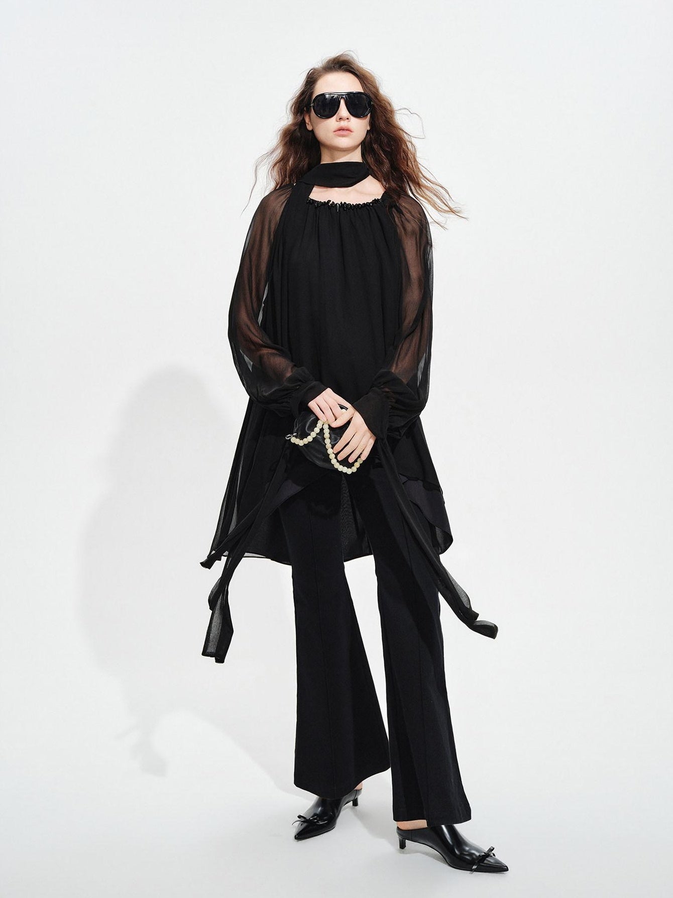 audreyyang Beaded Silk Elegant Loose Lantern Sleeve Tie Neck Black Midi Dresses
