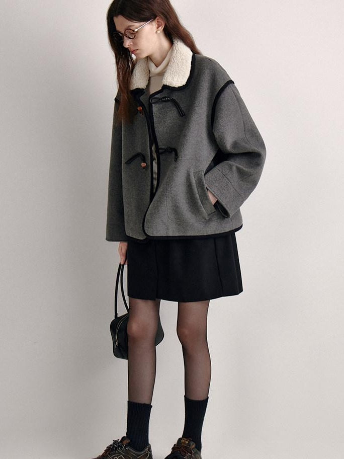 fano Wool Blend Toggle Pocket Straight Minimal Workwear Women Heather Gray Short Coat