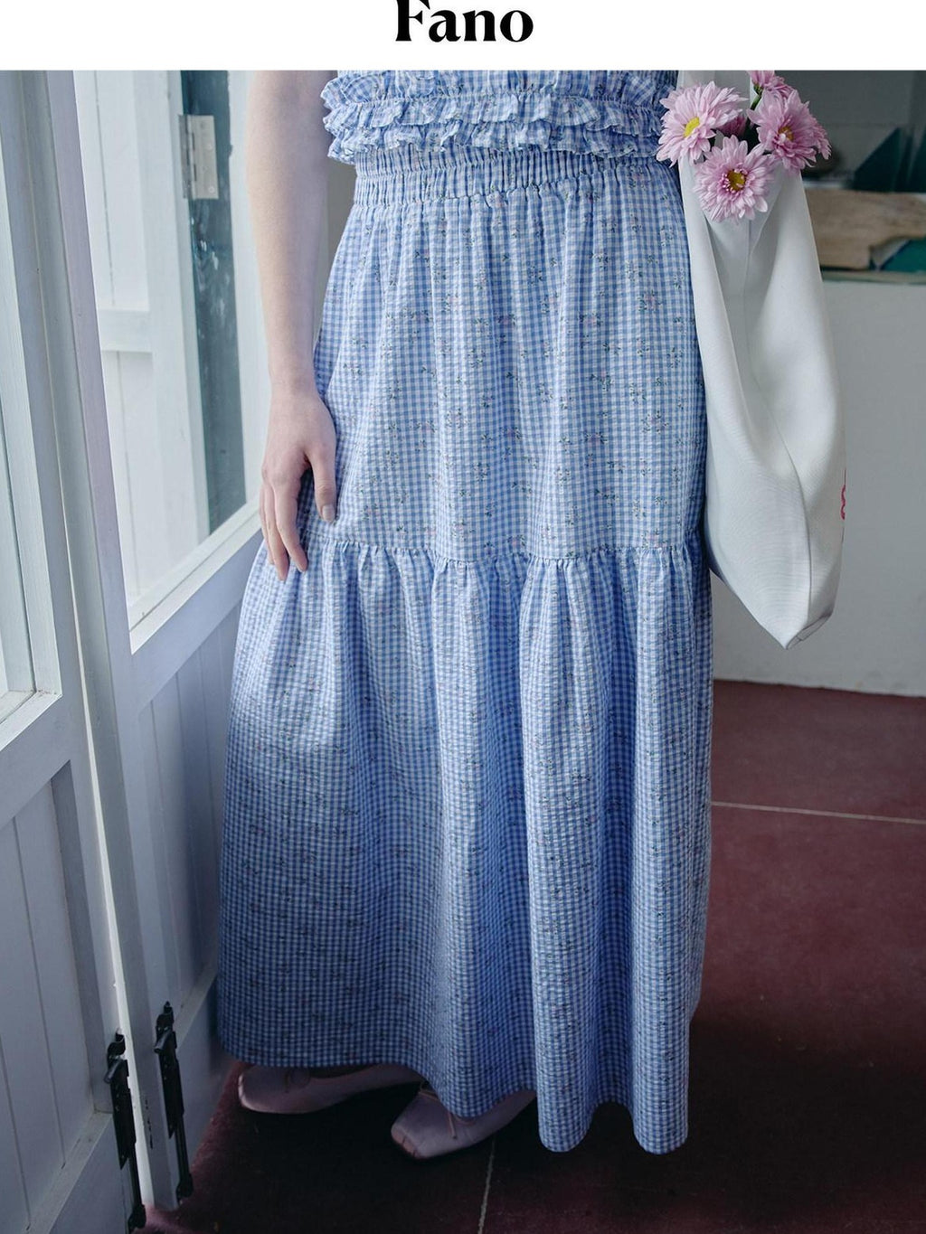 fano Lined 100% Cotton A Line Mid Waist Loose Fit Women Floral Blue Check Maxi Skirts