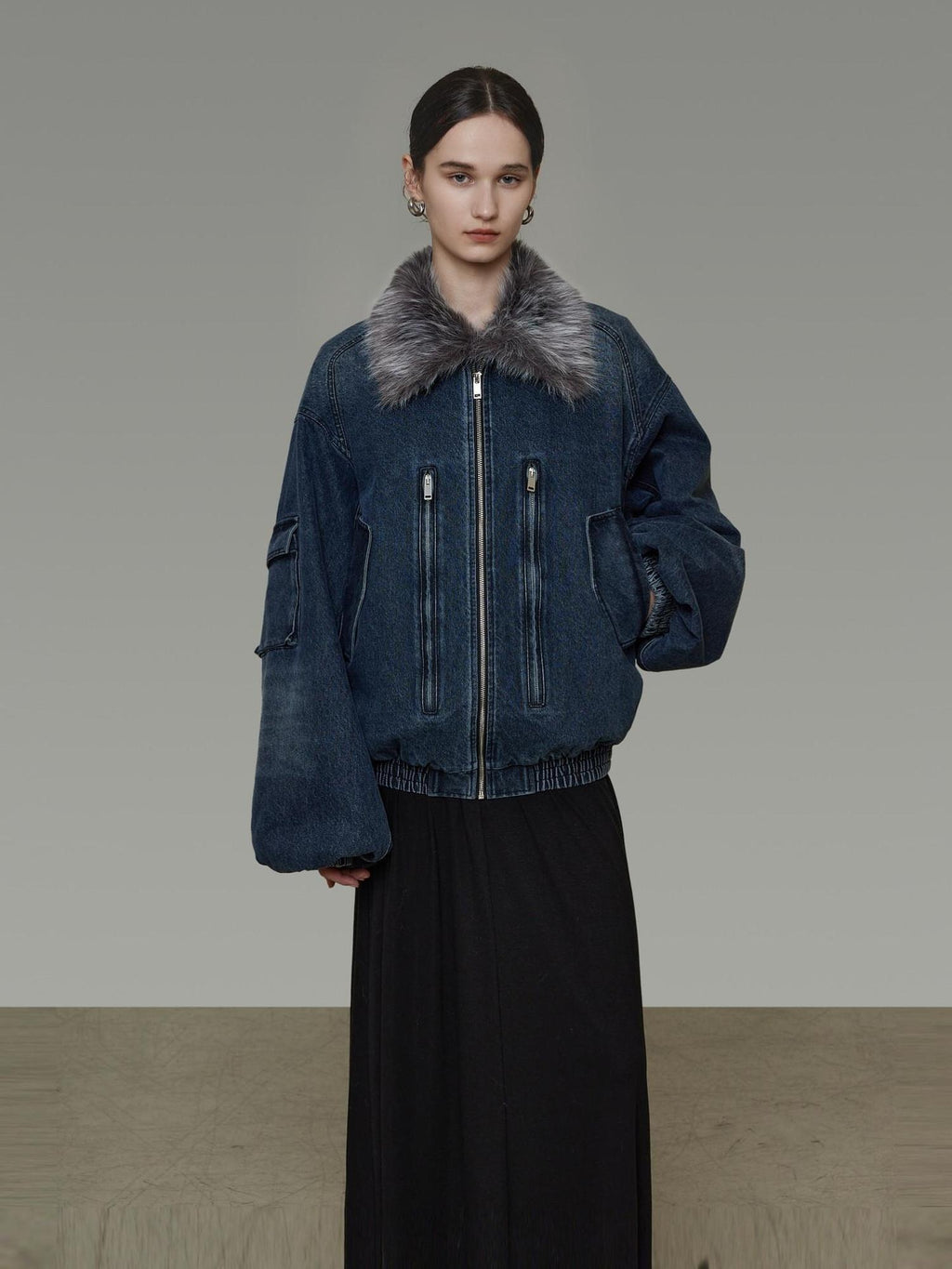 unspoken Warm Cotton Blend Loose Commuter Zipper Fur Collar Blue Gray Denim Jackets