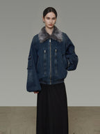 unspoken Warm Cotton Blend Loose Commuter Zipper Fur Collar Blue Gray Denim Jackets
