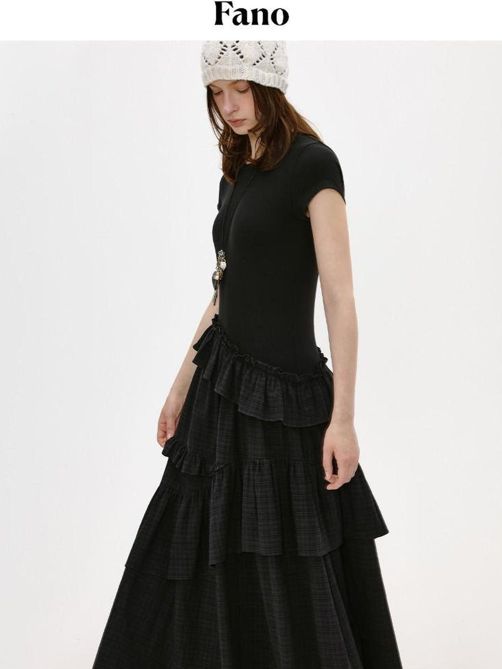 fano Breathable Viscose A Line Plaid Short Sleeve Korean Commuter Casual Maxi Dresses
