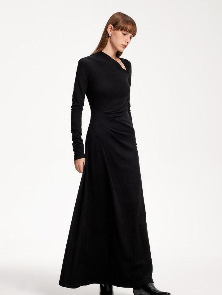 someone sometimes Elegant Long Sleeve Acrylic Blend Asymmetric Hem Women Black Maxi Dresses