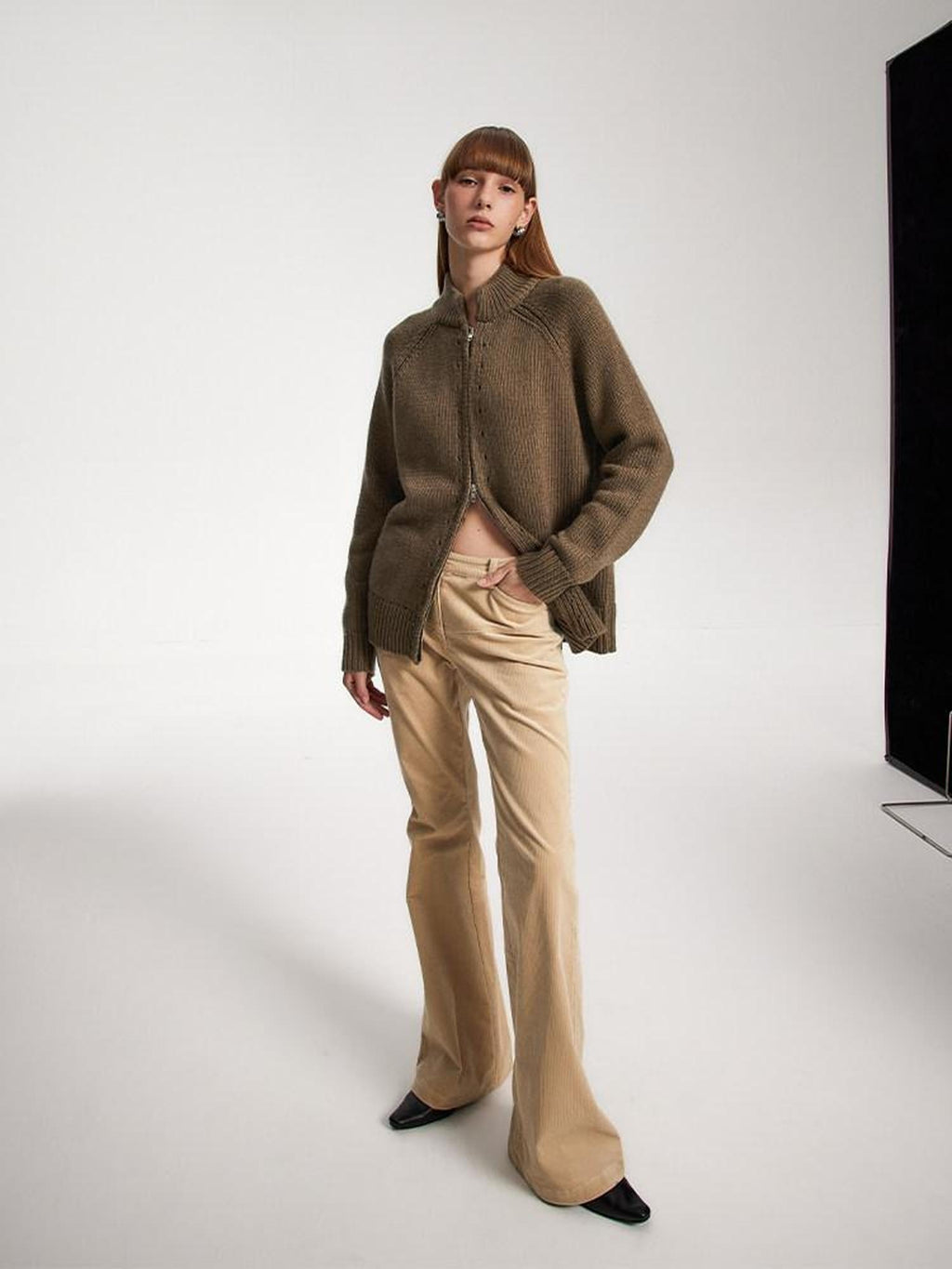 someone sometimes Acrylic Wool Blend Stand Collar Open Front Commuter Knit Brown Cardigans