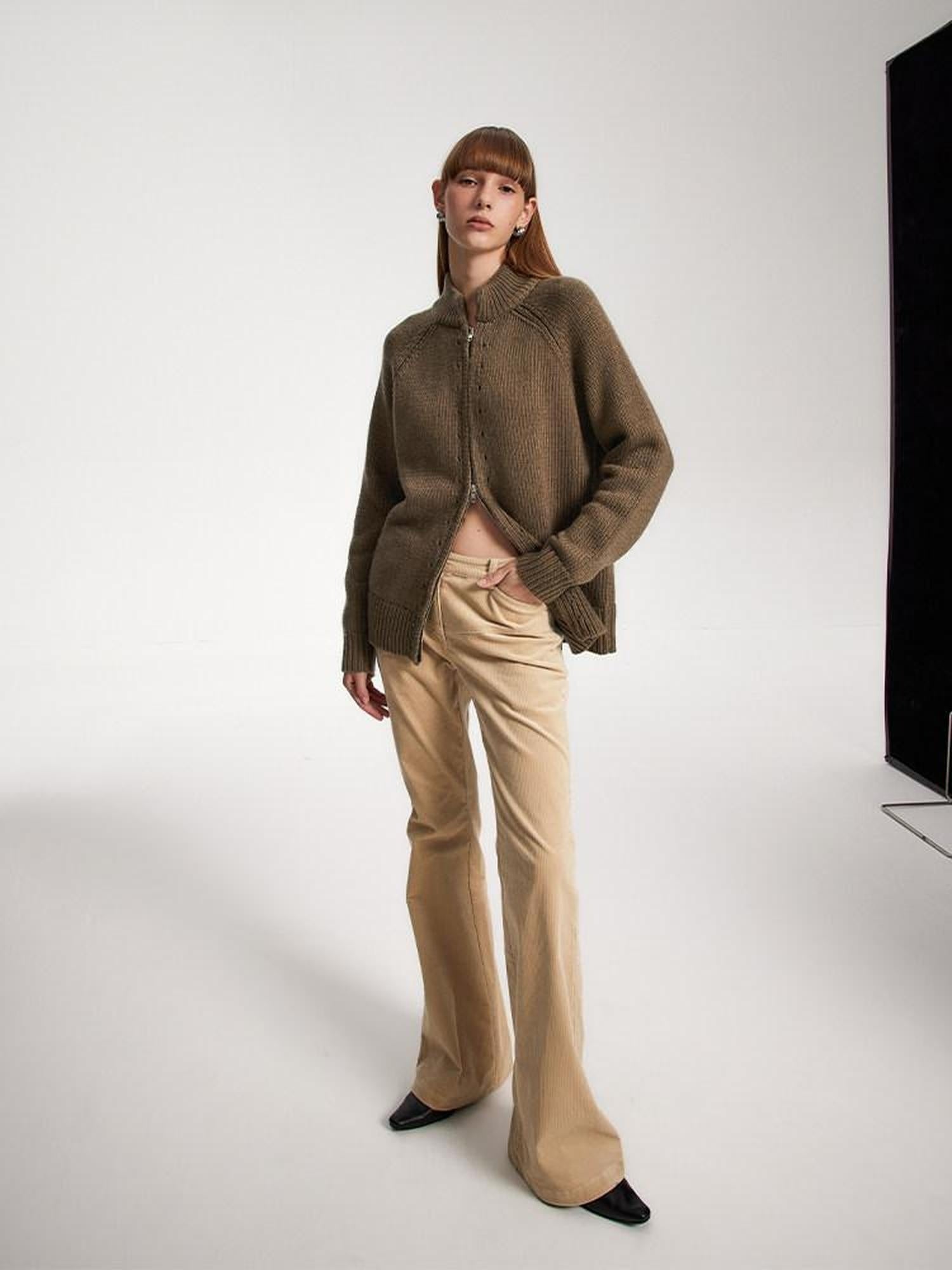 someone sometimes Acrylic Wool Blend Stand Collar Open Front Commuter Knit Brown Cardigans