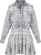 fano Plaid Korean Workwear A Line Natural Waist Mid Sleeve Khaki Midi Dresses
