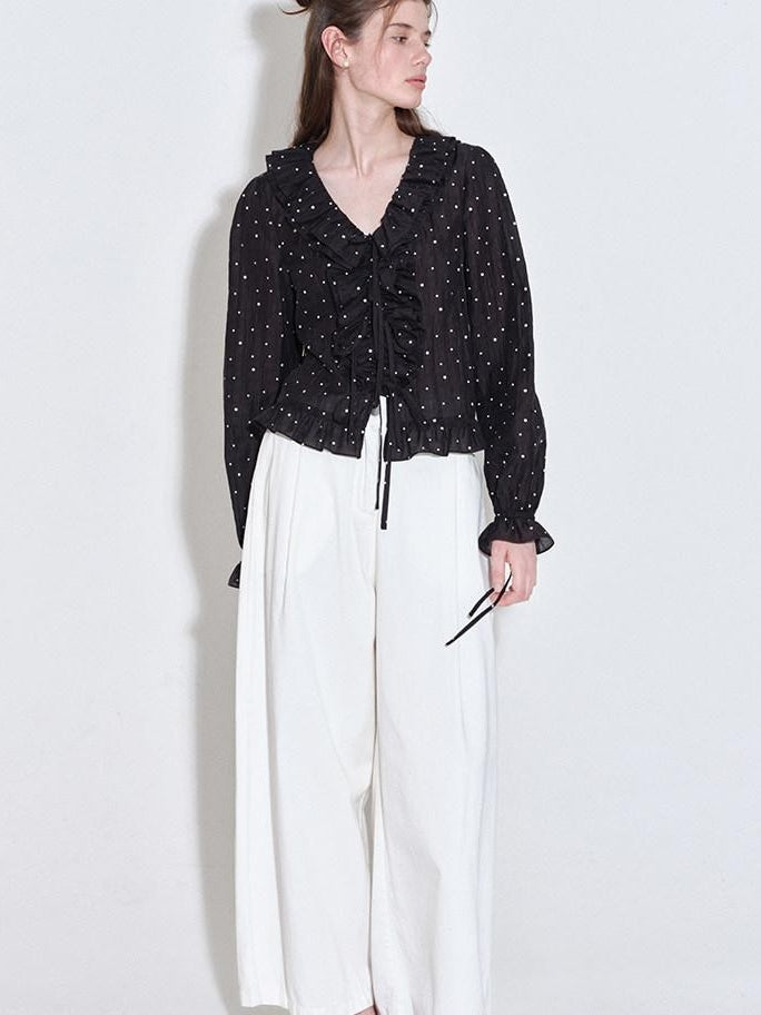 fano Shape Retaining Lyocell Korean Slim Fit V-neck Long Sleeve Polka Dot Blouses