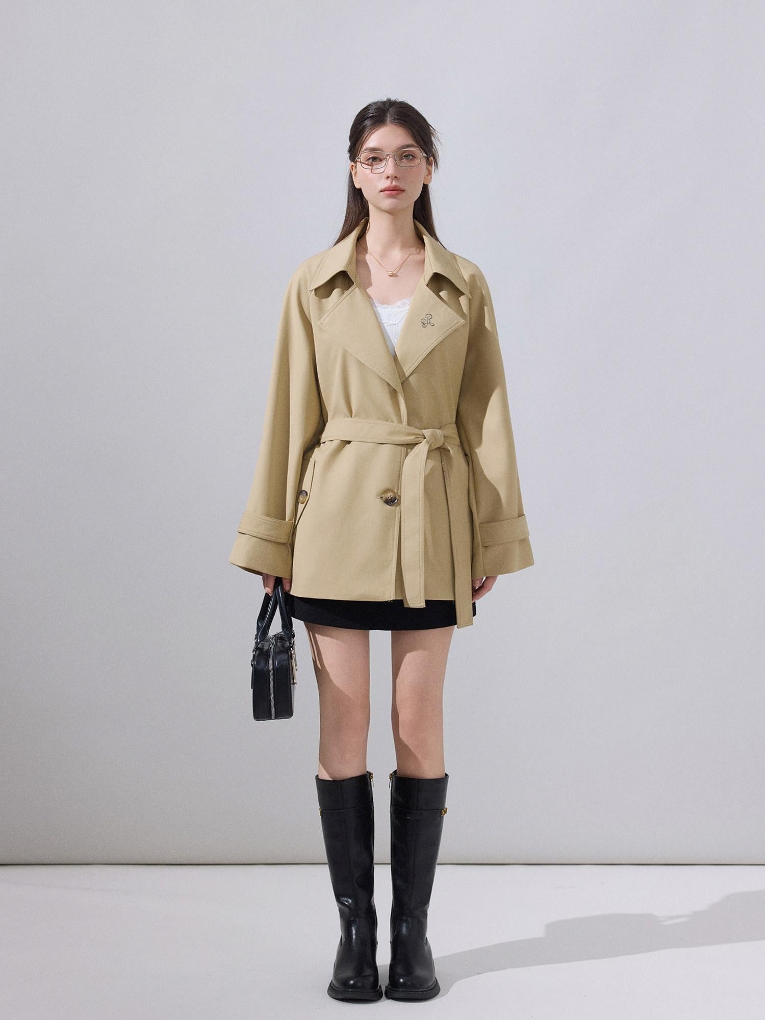 ikyou Lightweight Khaki High Waist Belted Artistic Lapel Women Trench Coats