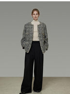 unspoken Warm Wool Blend Houndstooth Loose Fit Simple Commuter Black White Short Coat