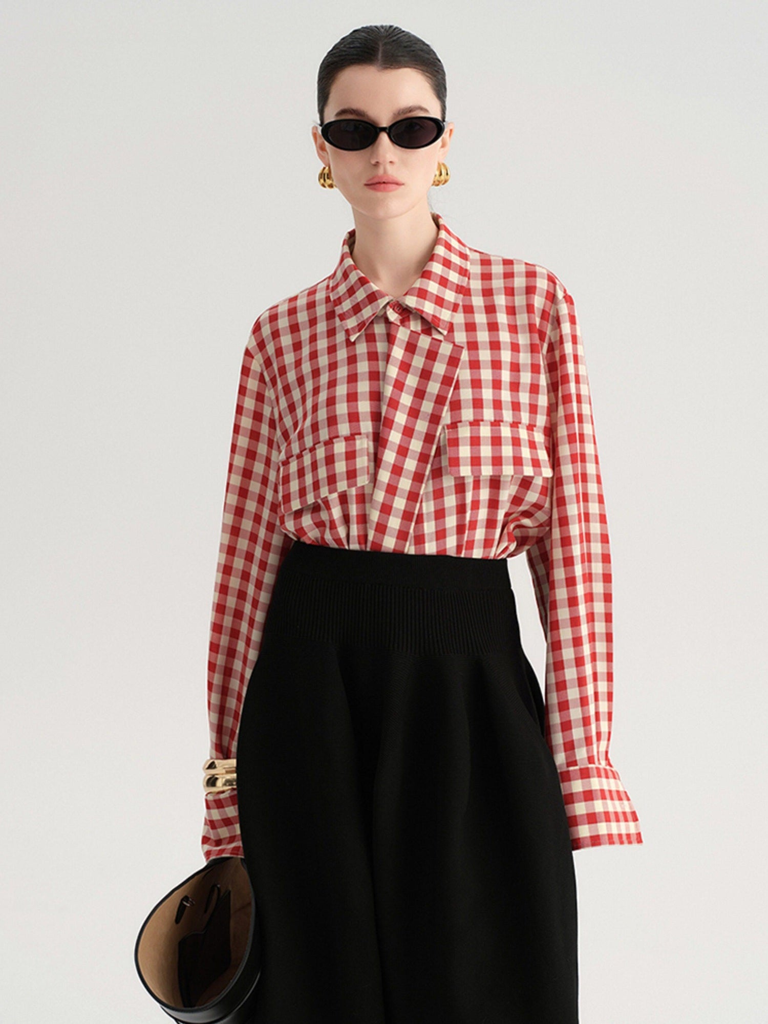 audreyyang Vintage Plaid Loose Fit Long Sleeve Collared Open Front Polyester Women Shirts