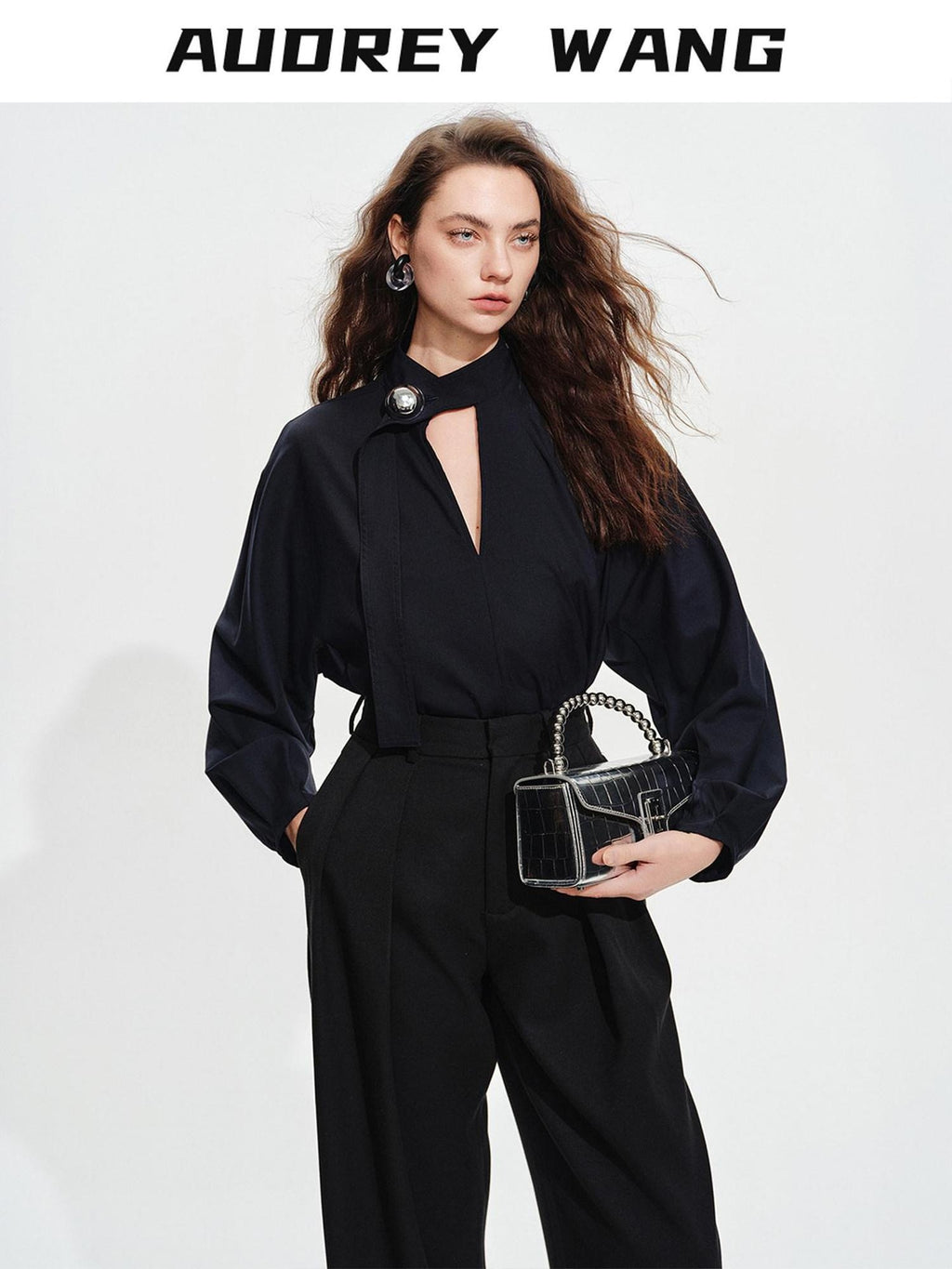 audreyyang Shape Retaining Loose Long Lantern Sleeve Pullover Navy Polyester Women Blouses