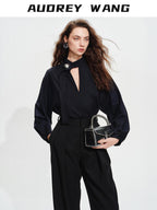audreyyang Shape Retaining Loose Long Lantern Sleeve Pullover Navy Polyester Women Blouses