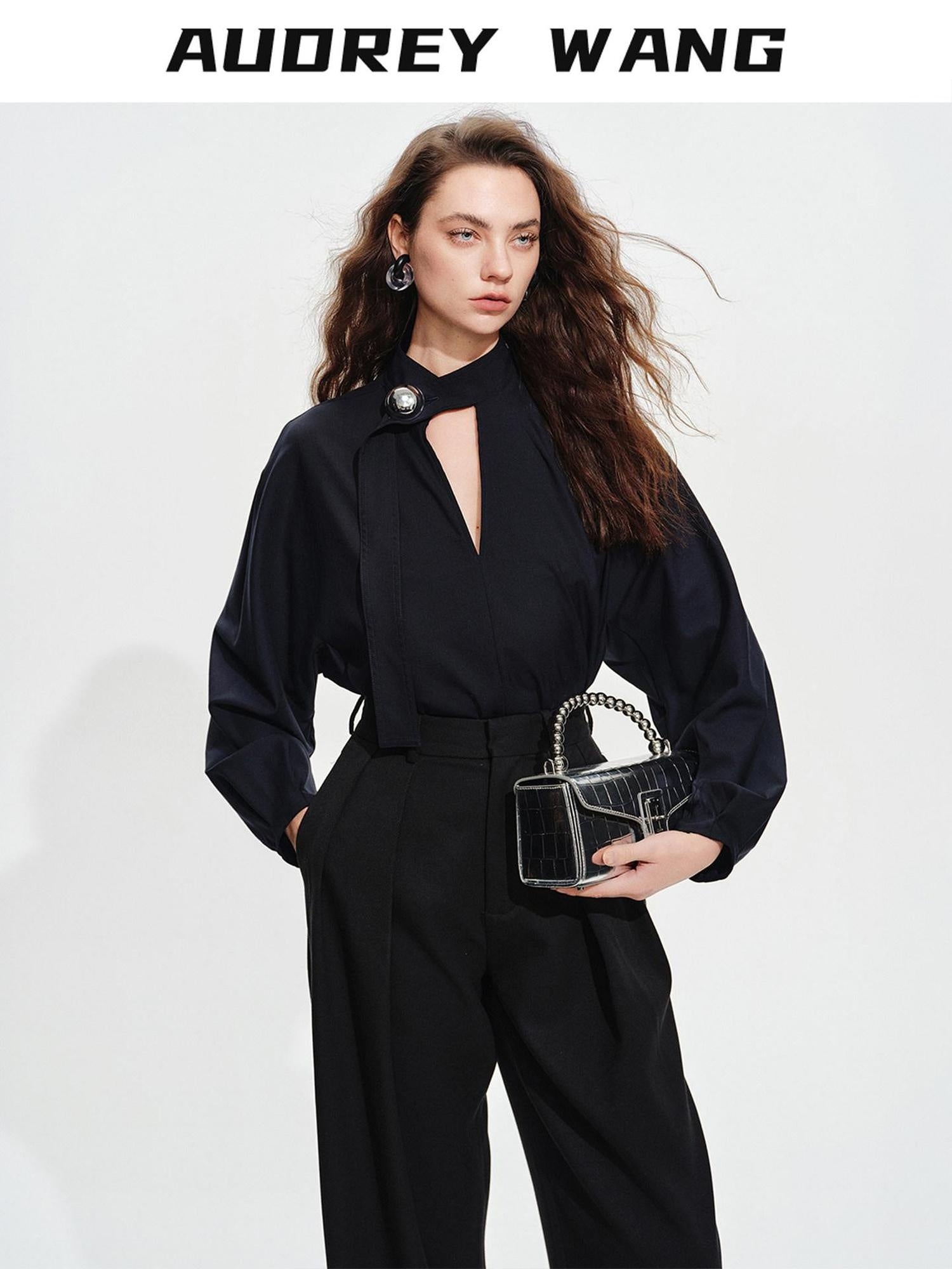 audreyyang Shape Retaining Loose Long Lantern Sleeve Pullover Navy Polyester Women Blouses
