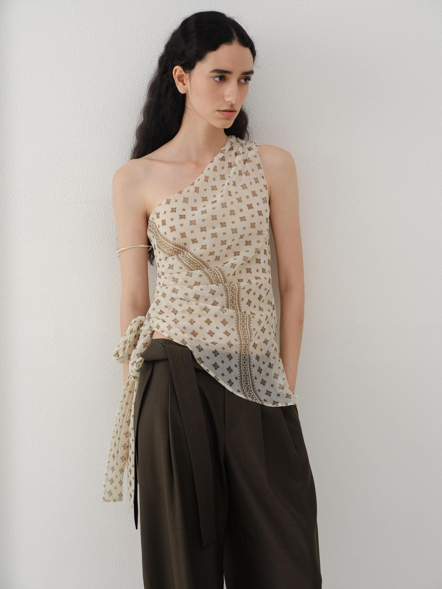 someonesometimes Ruched Asymmetrical Tie One Shoulder Workwear Floral Polyester Beige Tube Tops