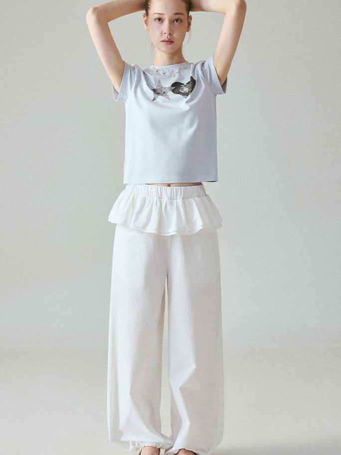 fano Pure Cotton Elastic Waist Loose Korean Office Natural Waist White Straight Pants