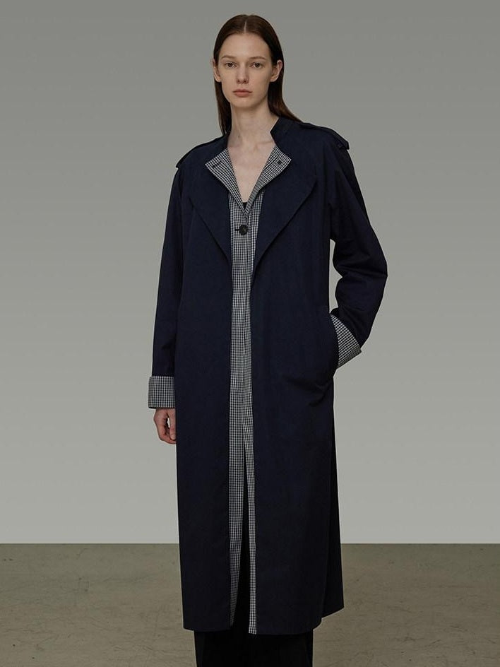unspoken Minimal Navy Plaid Single Breasted Midlength Relaxed Women Trench Coats