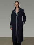 unspoken Minimal Navy Plaid Single Breasted Midlength Relaxed Women Trench Coats
