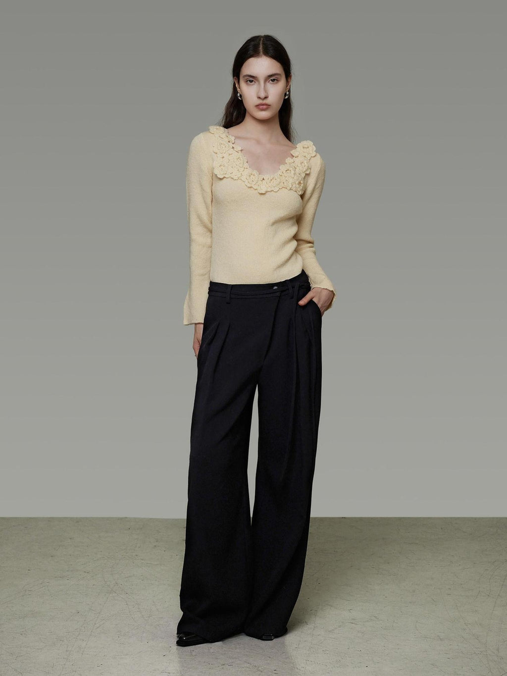 unspoken High Waist Tie Detail Minimalist Breathable Office Black Polyester Wide Leg Pants