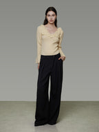 unspoken High Waist Tie Detail Minimalist Breathable Office Black Polyester Wide Leg Pants