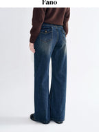 fano Breathable Cotton Wide Natural Waist Plaid Womens Straight Leg Jeans