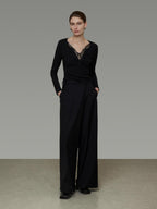 unspoken Viscose Knit Casual Slim Lace Trim Women V-neck Long Sleeve Black Blouses