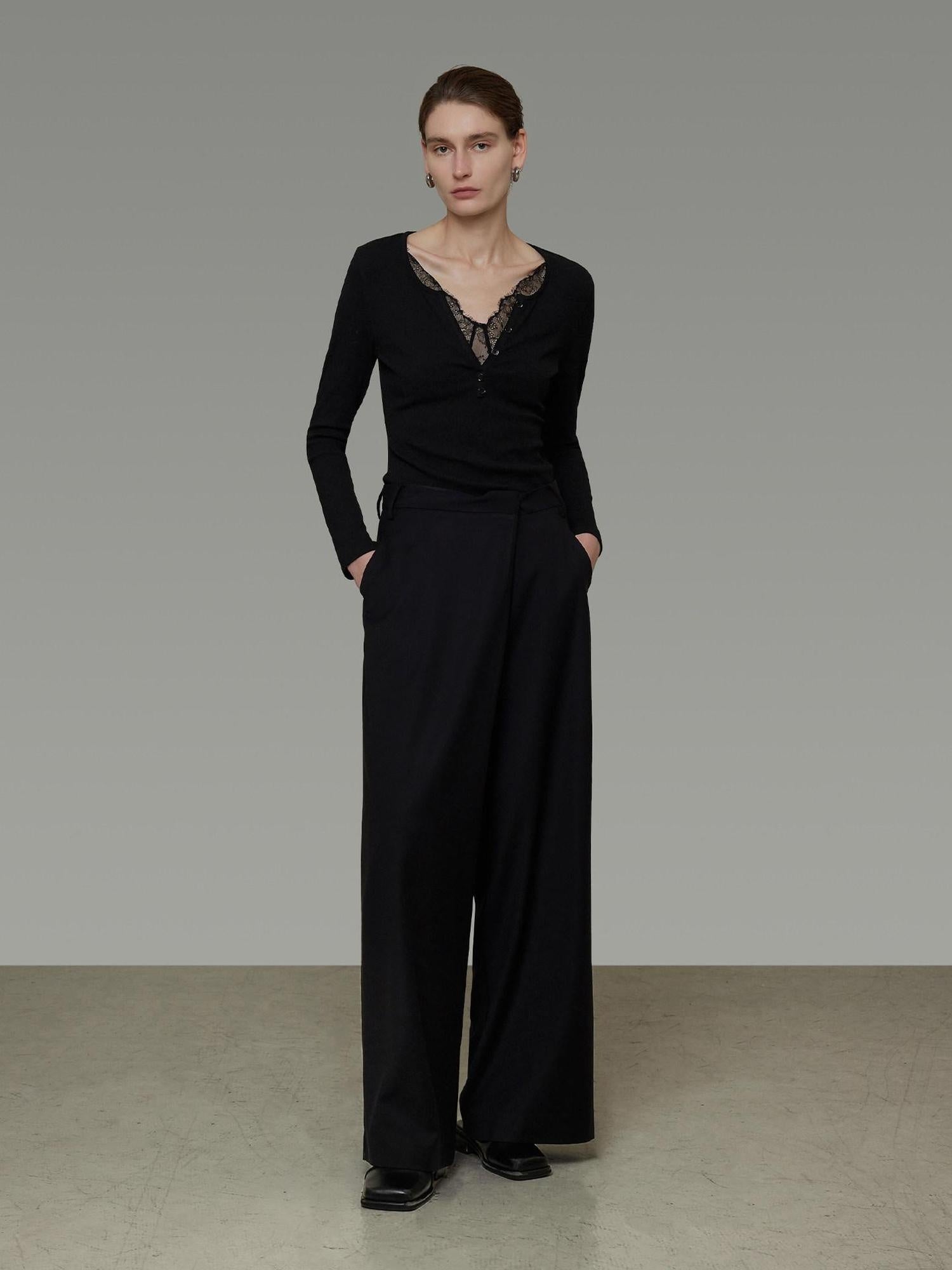 unspoken Viscose Knit Casual Slim Lace Trim Women V-neck Long Sleeve Black Blouses