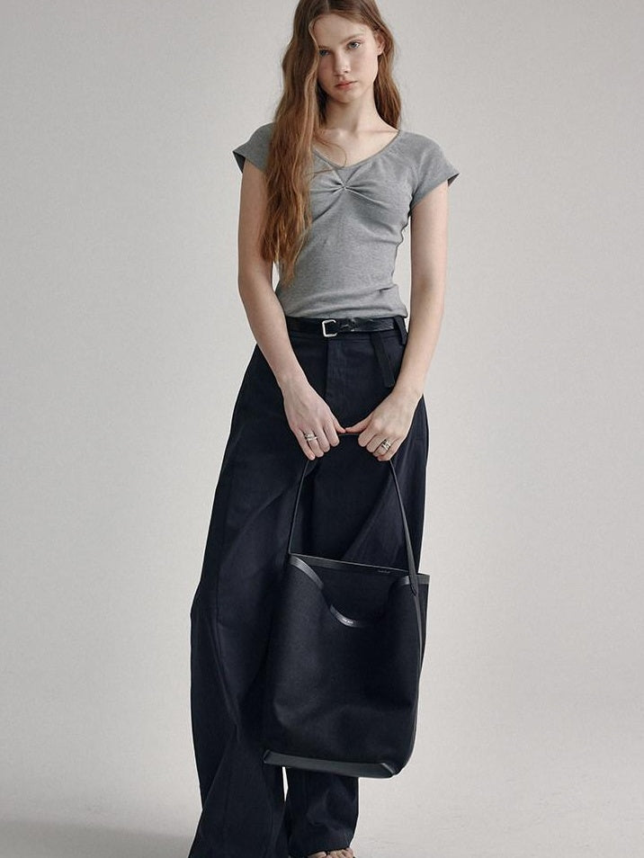 fano V-neck Drawstring Cotton Blend Minimal Straight Women Short Sleeve T-Shirts