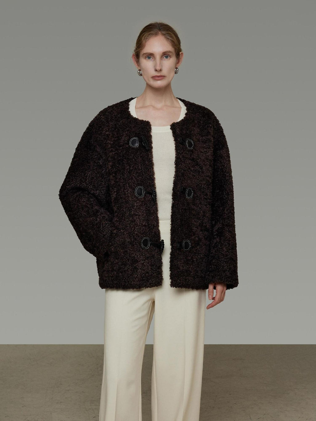 unspoken Warm Fur Lined Minimalist Commuter Loose Fit Brown Women Everyday Short Coat