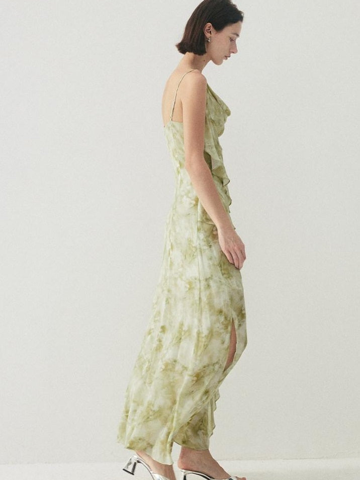 someone sometimes Viscose Asymmetric Ruffle Hem Cinched Waist Aline Lake Green Maxi Dresses
