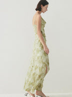 someone sometimes Viscose Asymmetric Ruffle Hem Cinched Waist Aline Lake Green Maxi Dresses