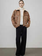 unspoken Faux Fur Lined Oversized Zip Pocket Barn Style Women Khaki Leather Jackets