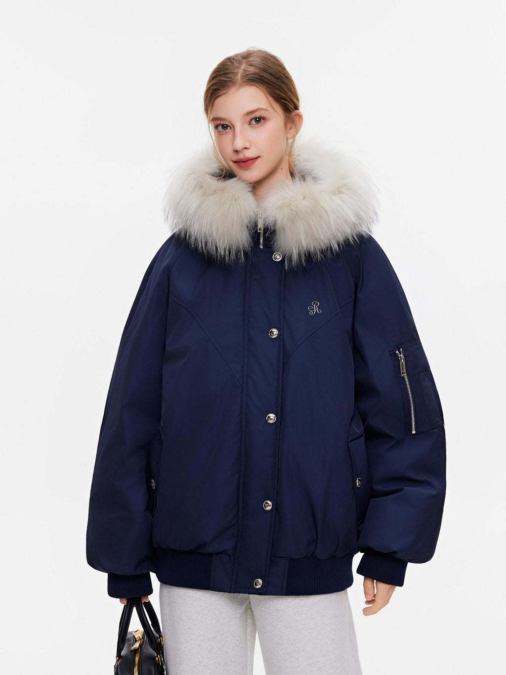 ikyou 90 Percent White Duck Down Oversized Korean Hooded Fur Collar Navy Down Jackets