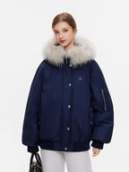 ikyou 90 Percent White Duck Down Oversized Korean Hooded Fur Collar Navy Down Jackets