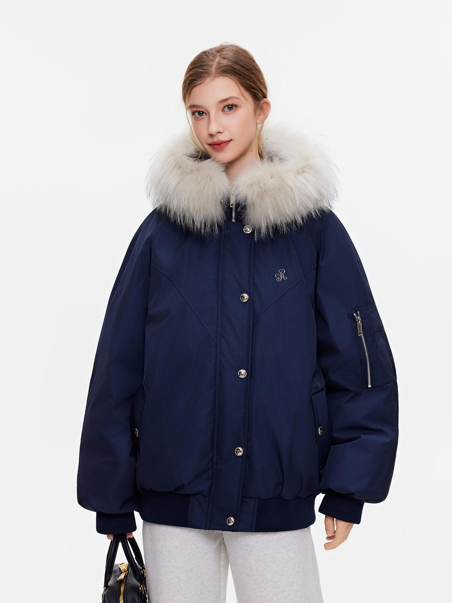 ikyou 90 Percent White Duck Down Oversized Korean Hooded Fur Collar Navy Down Jackets